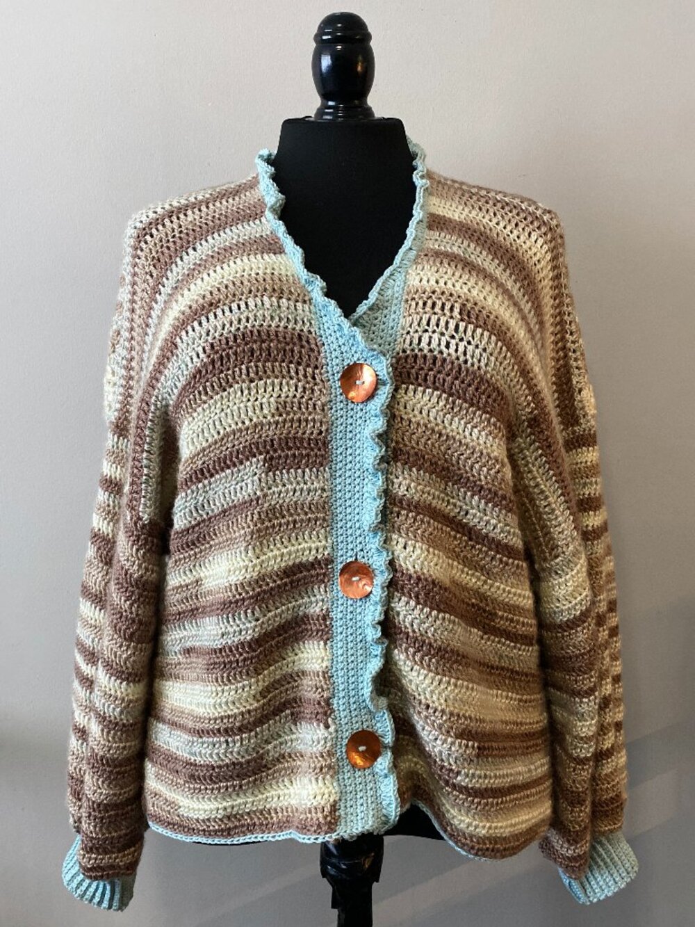 Handmade Crochet Browns Blue Ruffle Detail Plus Size Cardigan